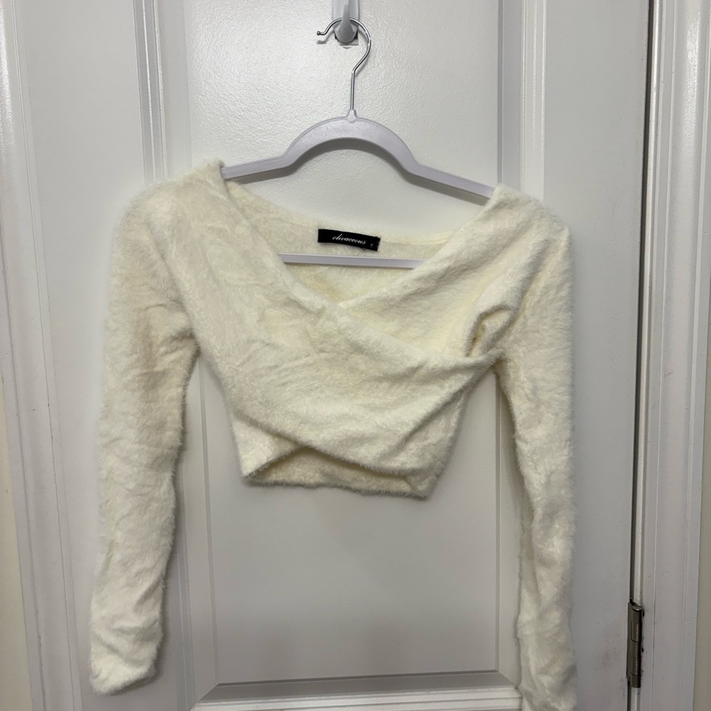 Cream Fuzzy Long Sleeve Crop Top